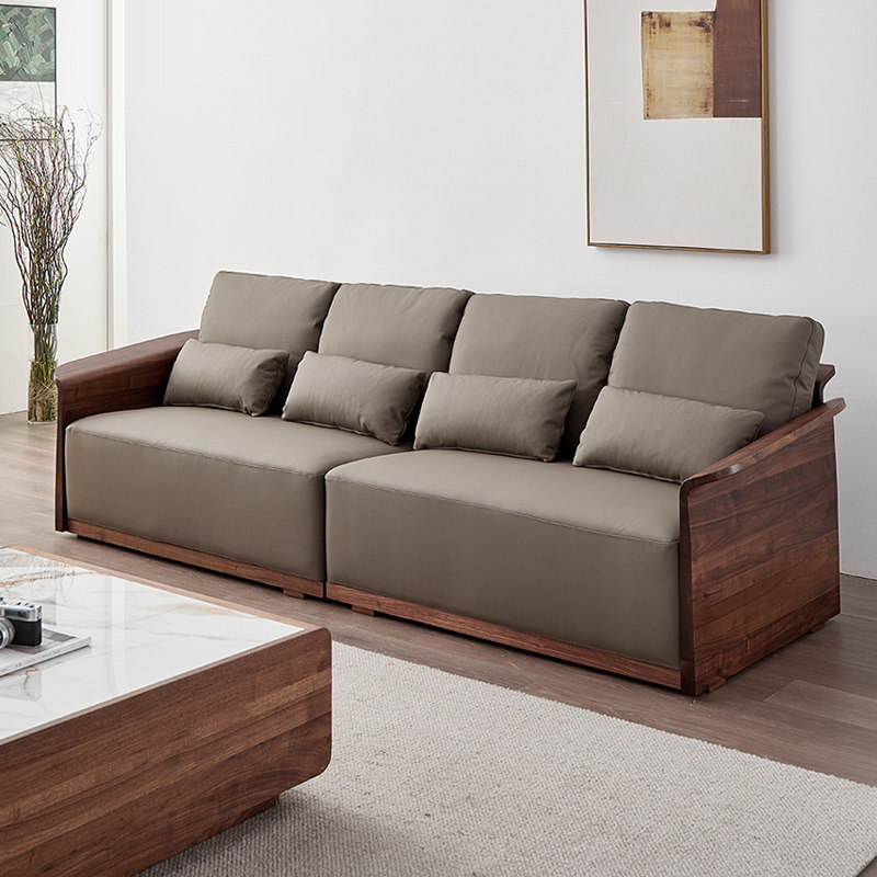 意式轻奢北美黑胡桃木沙发真皮客厅全实木极简家具组合高档四人位