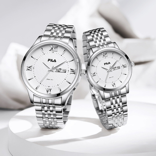 FILA斐乐 情侣6505 复古高级感手表女钢带日历防水石英银圆表男款