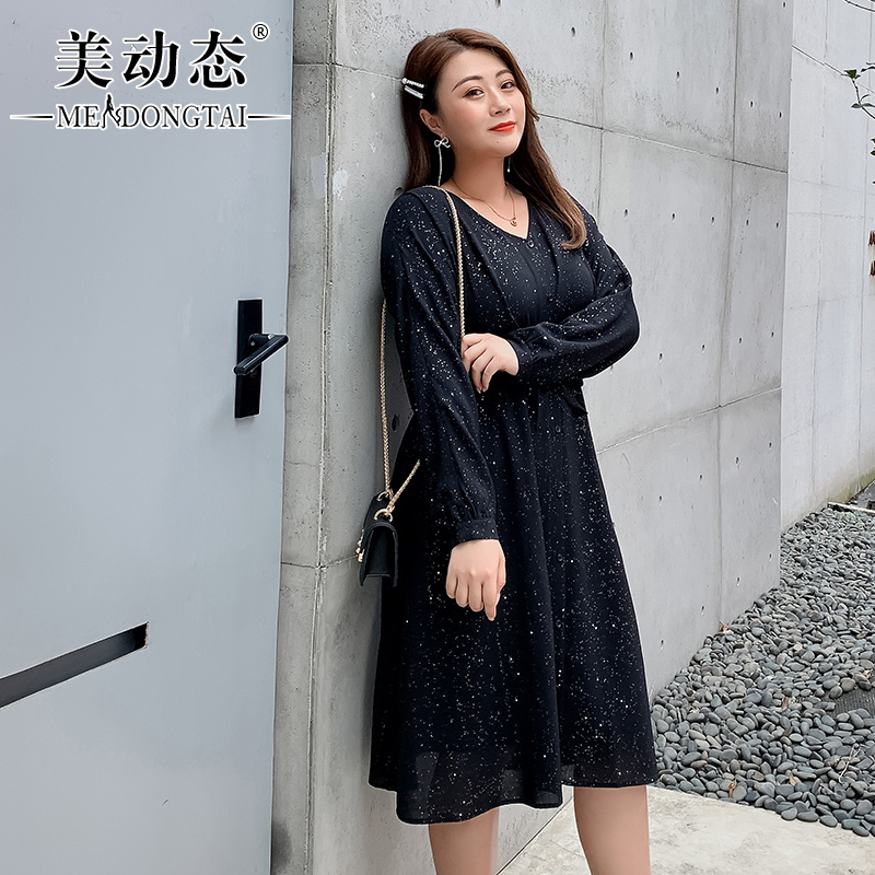 美动态大码女装胖女人连衣裙时尚洋气裙装2019初秋新款胖妹妹裙子(非品牌)