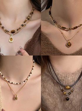 秋冬复古花朵圆形人造虎眼石款项链感毛衣链轻奢小众卫衣项饰