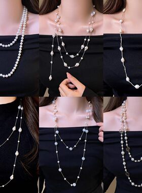 法式优雅几何花朵珍珠项链配饰女时尚设计感毛衣链轻奢感项饰