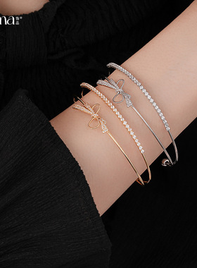 轻奢锆石蝴蝶结双层开口手镯小众设计感手环时尚通勤百搭手饰