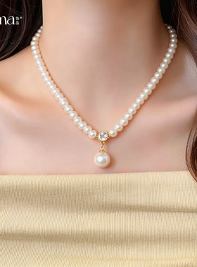 14k真金电镀锆石珍珠项链轻奢小众气质锁骨链法式时尚复古项饰女