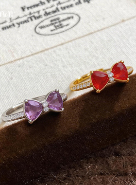 甜美轻奢风粉色锆石蝴蝶结戒指女网红开口可调节高碳钻食指戒指环