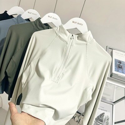 alo同款~Rulu春秋半拉链罗纹长袖T恤女跑步健身运动短款瑜伽上衣