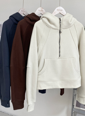 L~L~Scuba女士半拉链连帽宽松卫衣加绒外套秋冬休闲百搭运动卫衣