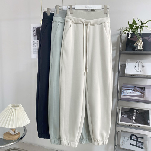 双层腰高腰拉绒束脚卫裤