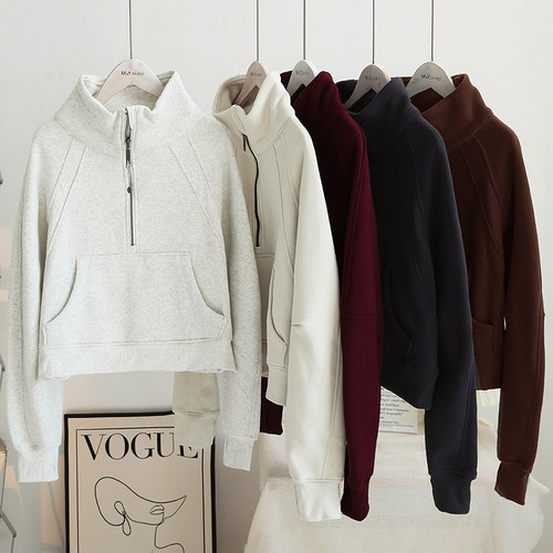 柜上1080~同款秋冬加绒加厚Scuba短款立领卫衣宽松运动瑜伽外套女