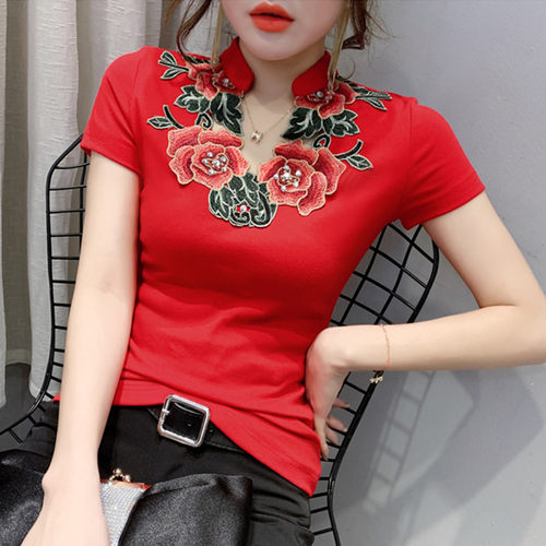 表演节日服棉质时尚短袖国风刺绣