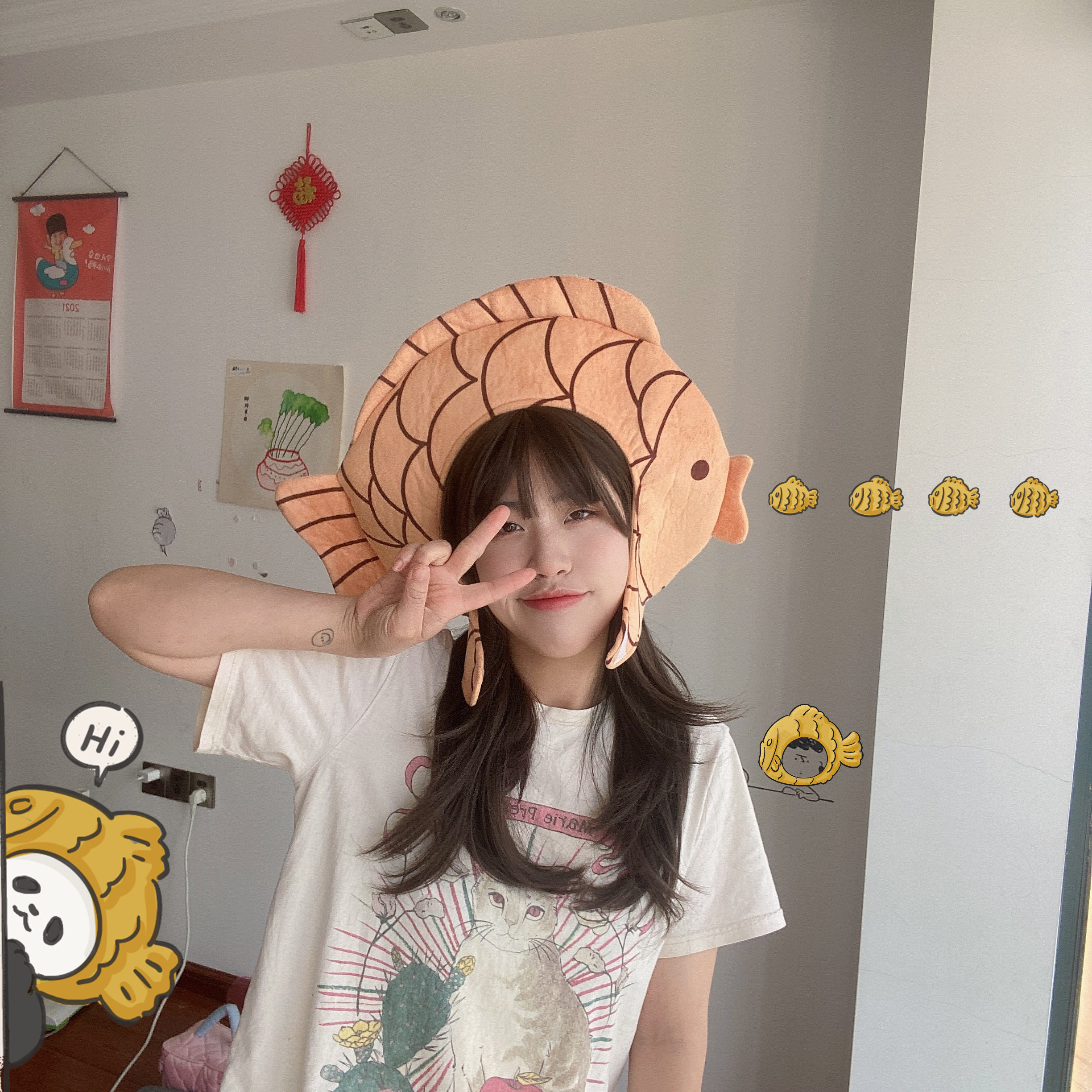 ins风少女心可爱卡通搞怪创意百搭鲤鱼黄鱼头套帽子拍照表演道具