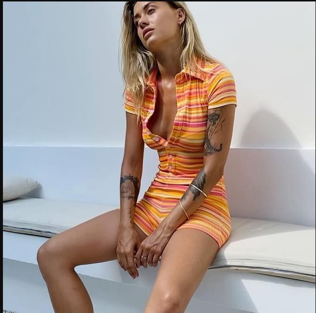 Short Sleeve Pit Stripe Jumpsuit夏季短袖开衫坑外穿条纹连体裤