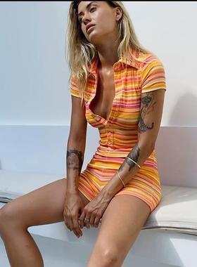 Short Sleeve Pit Stripe Jumpsuit夏季短袖开衫坑外穿条纹连体裤