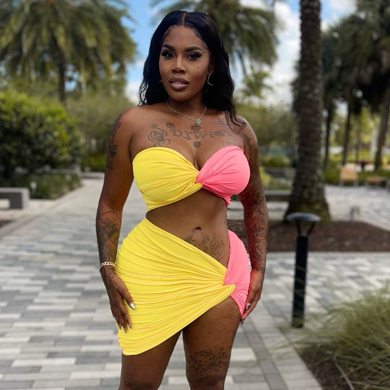 Contrast color patchwork short skirt set撞色拼接休闲短裙套装