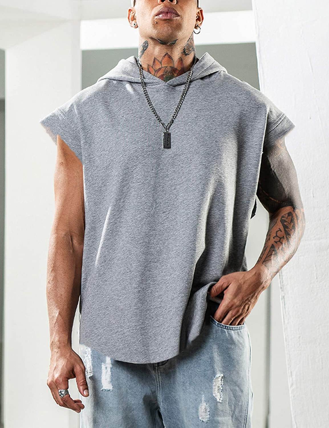 外贸男装2022夏季男印花连帽运动无袖马甲大码宽松T恤Men T-Shirt