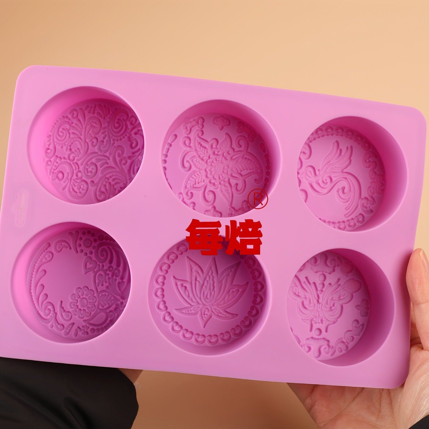 6孔圆形枫叶蝴蝶图腾大号手工皂硅胶模具DIY奶皂精油香皂制作模具