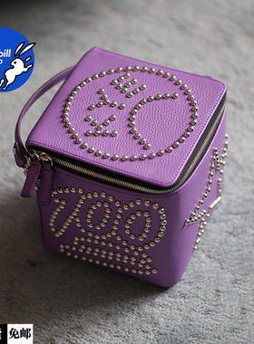 2折 现货 KYE 18春夏 紫色珠钉牛皮单肩手提方包斜挎包 18DA07