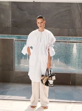 gridxbill 现货 RECTO 21SS 蝴蝶结绑带曲线袖白色棉质拉链连衣裙