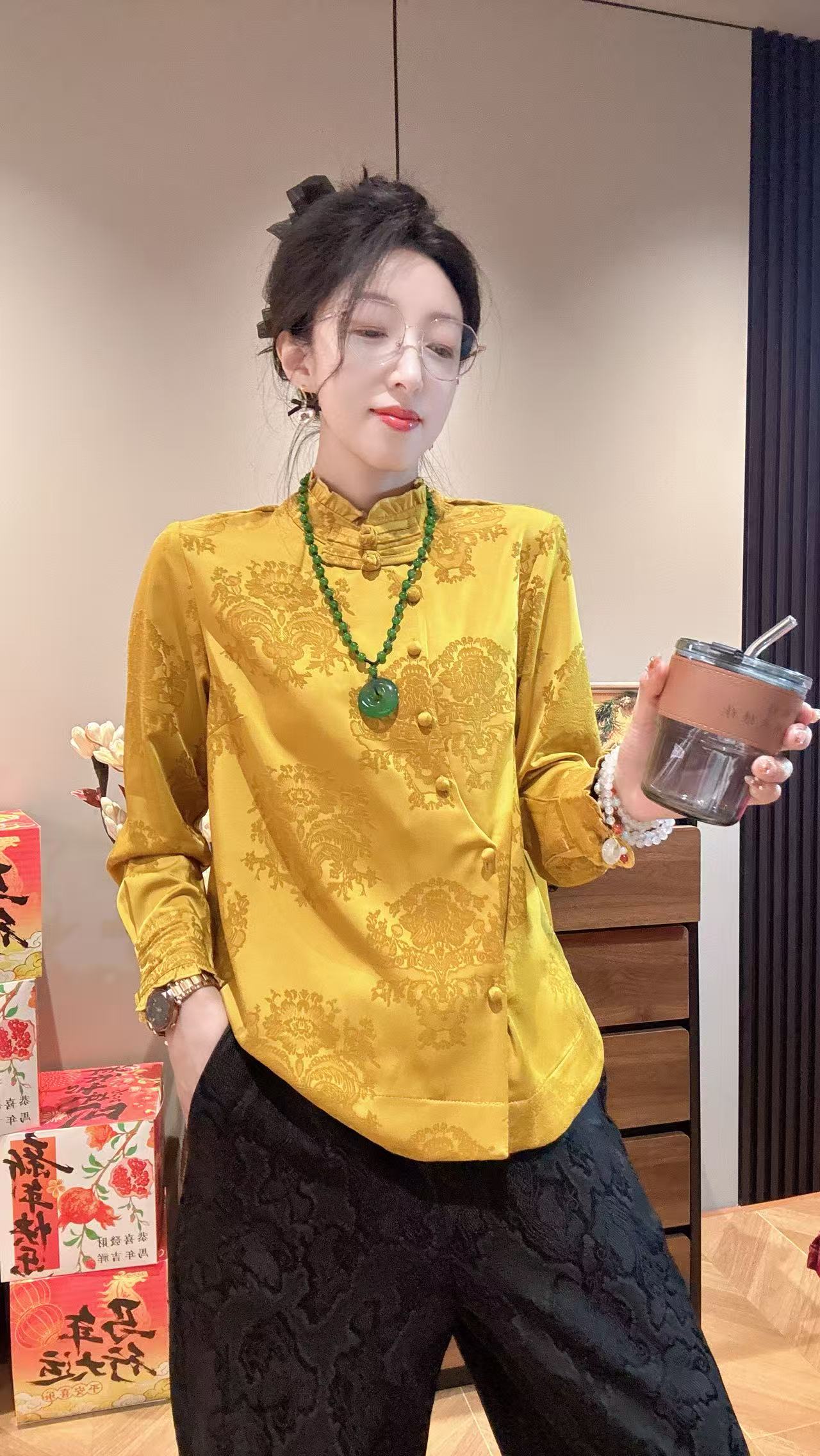 5316新中式国风缎面盘扣荷叶边长袖衬衫女时尚百搭显瘦上衣立领衫