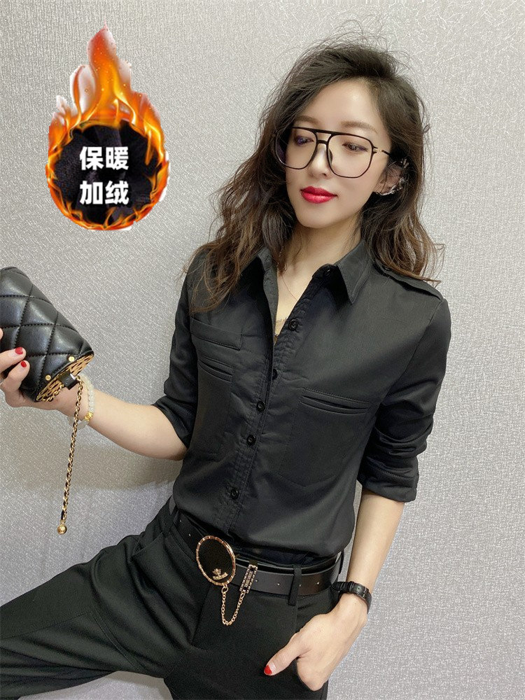 长袖保暖大码衬衫女冬季新款修身东北过冬加厚时尚打底衫百搭上衣
