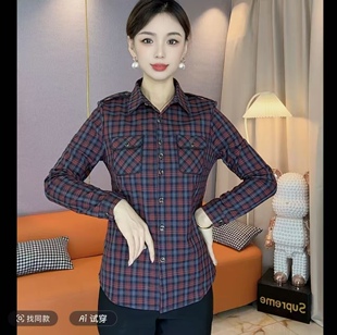 彩色加绒格子衬衫女翻领修身显瘦长袖打底衫百搭经典衬衣新款潮