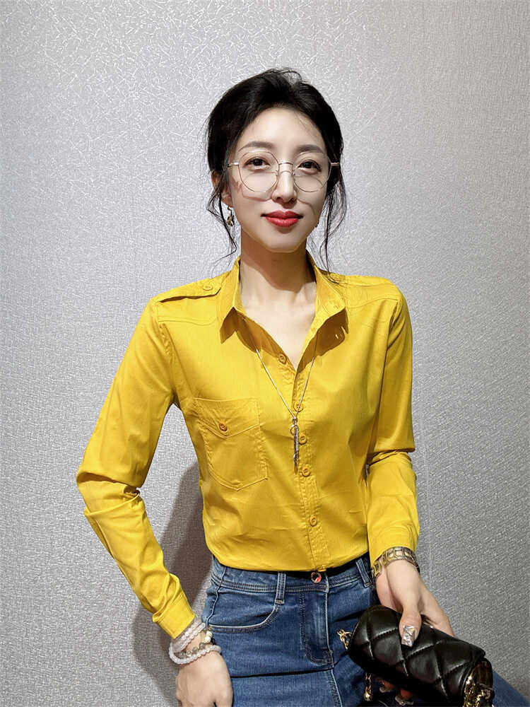 彩色棉质弹力衬衫女韩版翻领修身长袖衬衣简约大码纯色透气打底衫