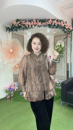 K5401云锦丝新中式国风重工镶钻假两件宽松气质减龄长袖衬衫女潮