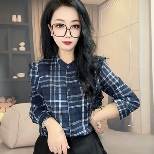 Z7287拼色格子衬衫女新款时尚修身扉边长袖上衣百搭洋气打底衫潮