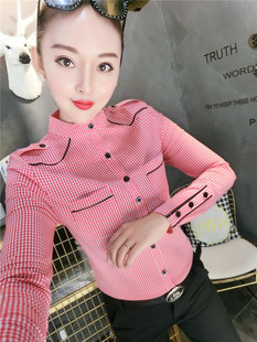 立领格子衬衫女春季新款韩版修身显瘦纽扣上衣百搭时尚打底衫