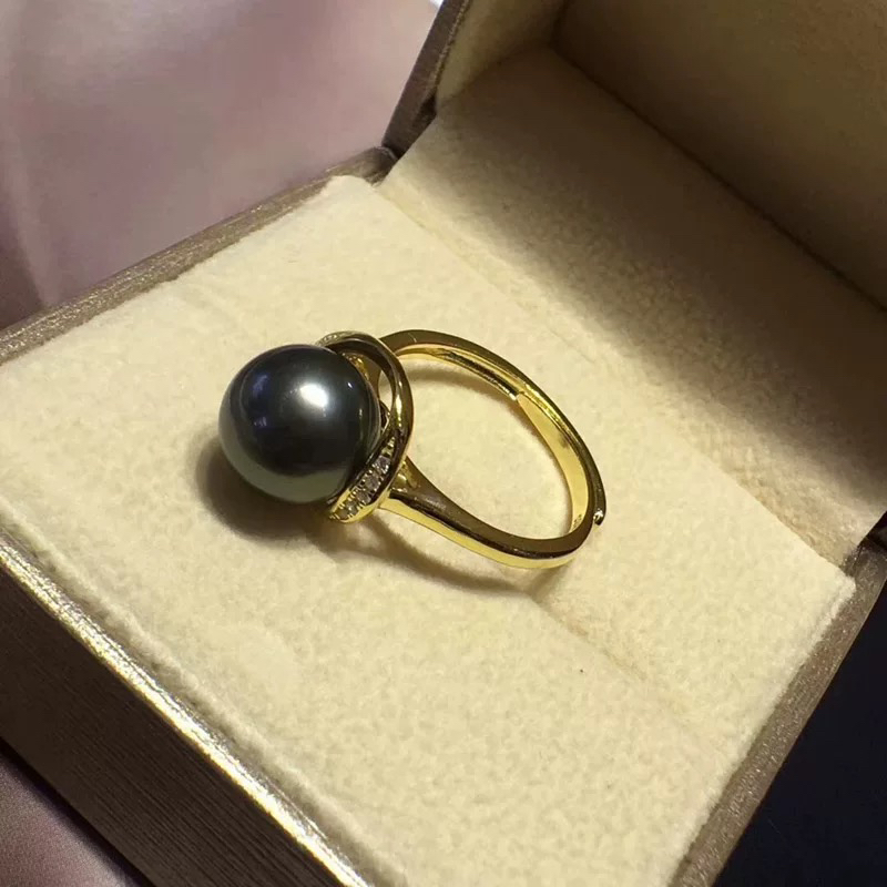 大溪地海水黑珍珠戒指黑色真珍珠10-11mm正品强光正圆情人节礼物