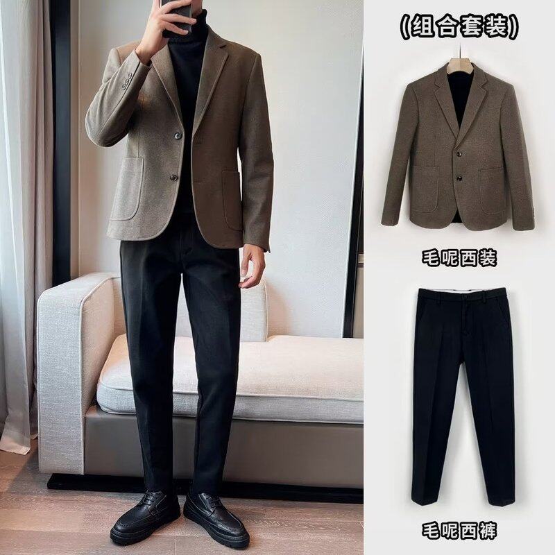 冬季毛呢西装套装男高质感呢料外套棕色厚款保暖上衣抗皱修身西服