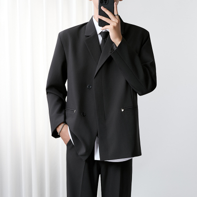 轻熟风双排扣垫肩小西服男士痞帅高级感休闲西装外套单西修身秋装