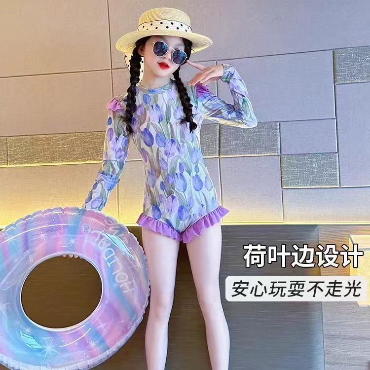 儿童郁金香印花连体泳衣长袖荷叶边裤脚防走光女童游泳衣厂家货源