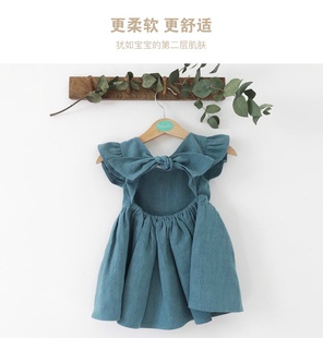 新款女童连衣裙宝宝棉麻纯色童裙蝴蝶结公主裙蓬蓬裙欧美童装跨境