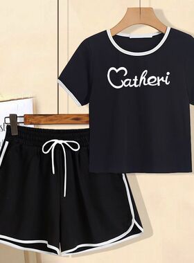 女夏ins潮爱心印花短款高腰修身显瘦设计感小众不规则短时尚套装