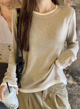 假两件正肩长袖t恤女秋冬季新款保暖德绒内搭磨毛打底衫上衣休闲