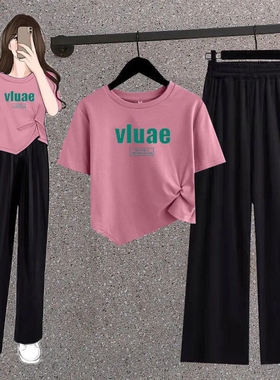 休闲夏季韩版新款印花不规则甜辣短款上衣九分裤套装两件套装女潮