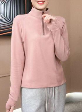 半拉链秋冬加绒卫衣女百搭女士Q立领长袖上衣2024年t恤新款妈妈装