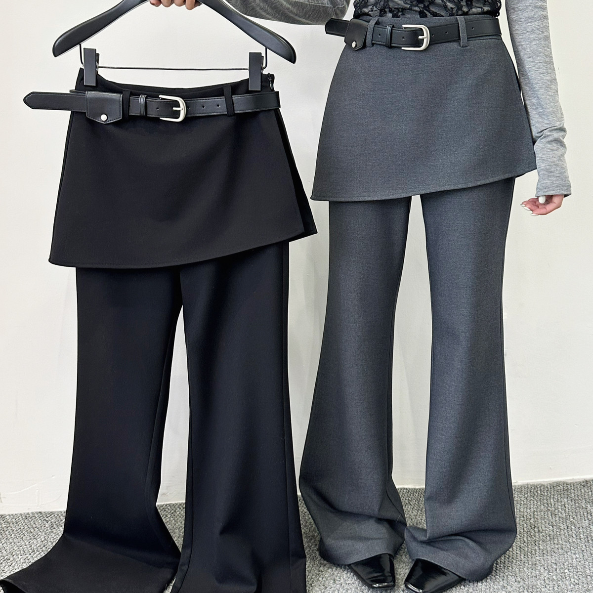 X2正品春季净版拼接屁帘假两件微喇休闲裤女百搭显瘦高腰长裤西裤