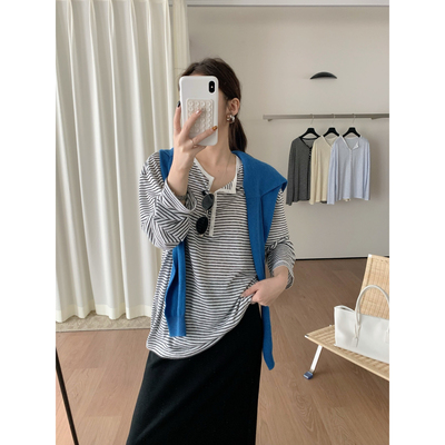 半纽扣圆领条纹长袖T恤女