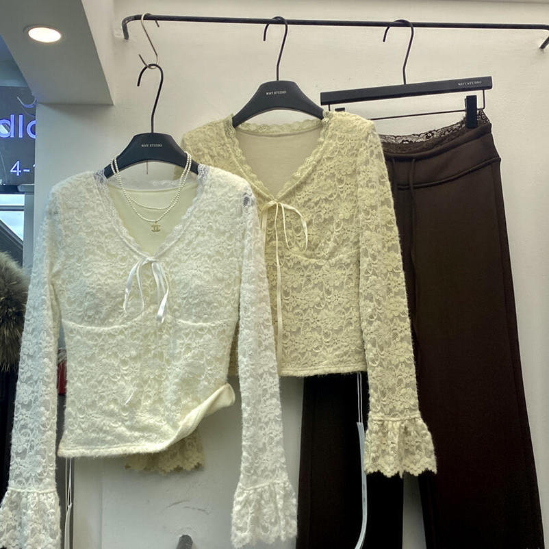 辣妹v领蕾丝花边胸垫长袖T恤