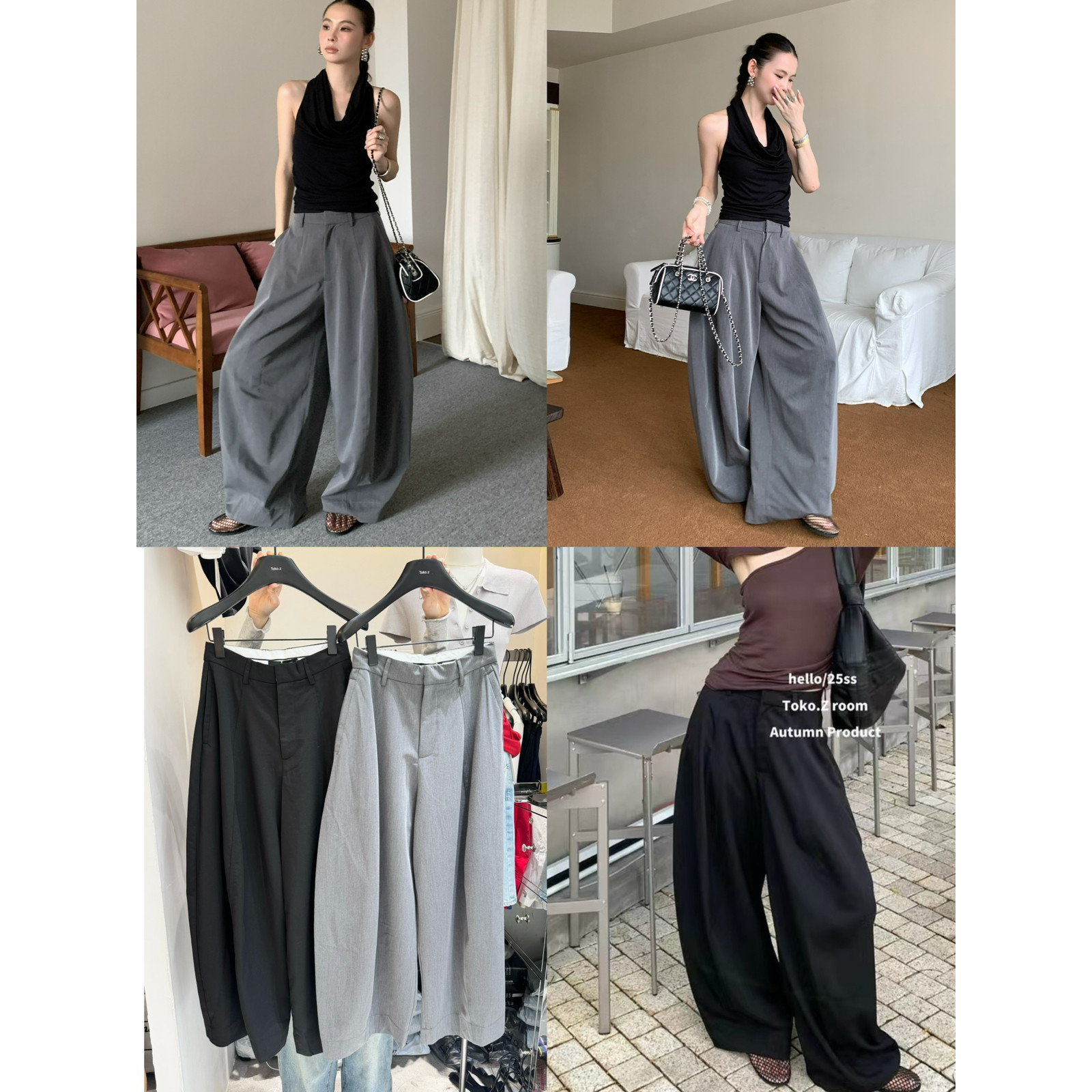 TOKO.Z春款美式时髦净版褶皱阔腿休闲裤女百搭宽松高腰垂感长裤子