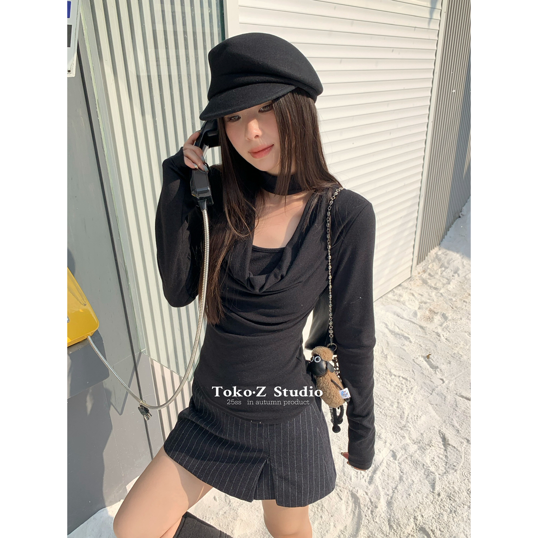 时髦磨毛褶皱挂脖设计长袖T恤