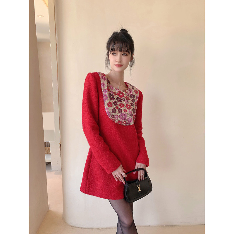 EMo原创重工亮片拼接羊毛呢裙子红色女秋冬新款法式小香风连衣裙