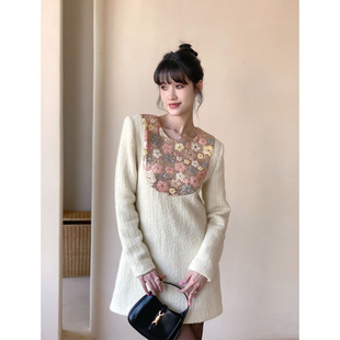 EMo原创法式 小众重工拼接亮片羊毛呢裙子女 小香风连衣裙秋冬新款