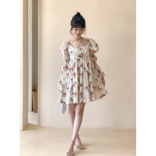 EMo法式 公主裙蓬蓬裙女春夏小众设计感度假连衣裙 玫瑰印花灯笼袖