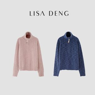 LISADENG“重逢的浪漫”澳洲美利奴羊毛花纱立体绞花半开领毛衣