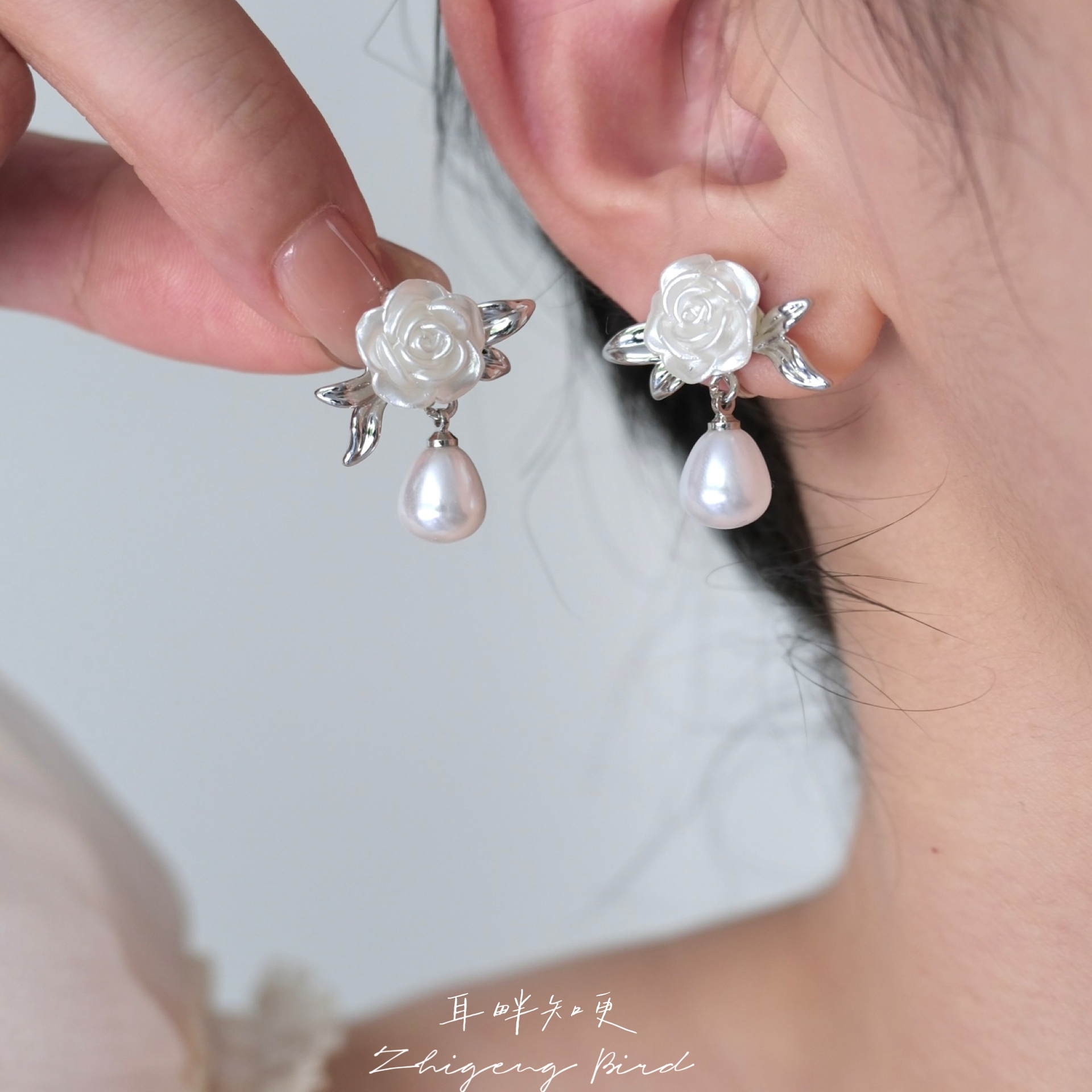 耳畔知更｜法式复古白色玫瑰花朵水滴珍珠气质耳夹耳环耳饰无耳洞