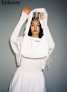 现货/Leicozy韩国s/e/o小众流苏帆布包白色黑色单肩斜挎手提包