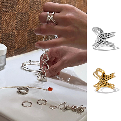 现货Leicozy/coldframe韩国小众三线three lines knots戒指银金