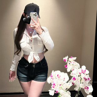 胖婷大码定制胖mm「女团进阶」夏季纯欲竹节棉翻领衬衫绑带上衣女